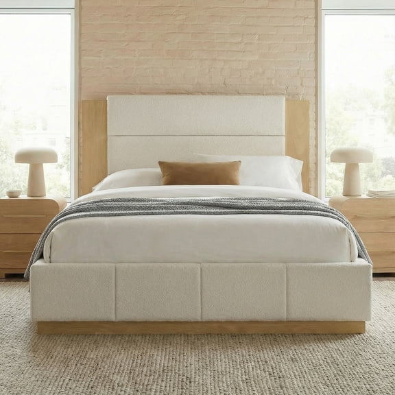 Euroco Upholstered Queen Size Platform Bed, Velvet Bed with High Wood Headboard, White