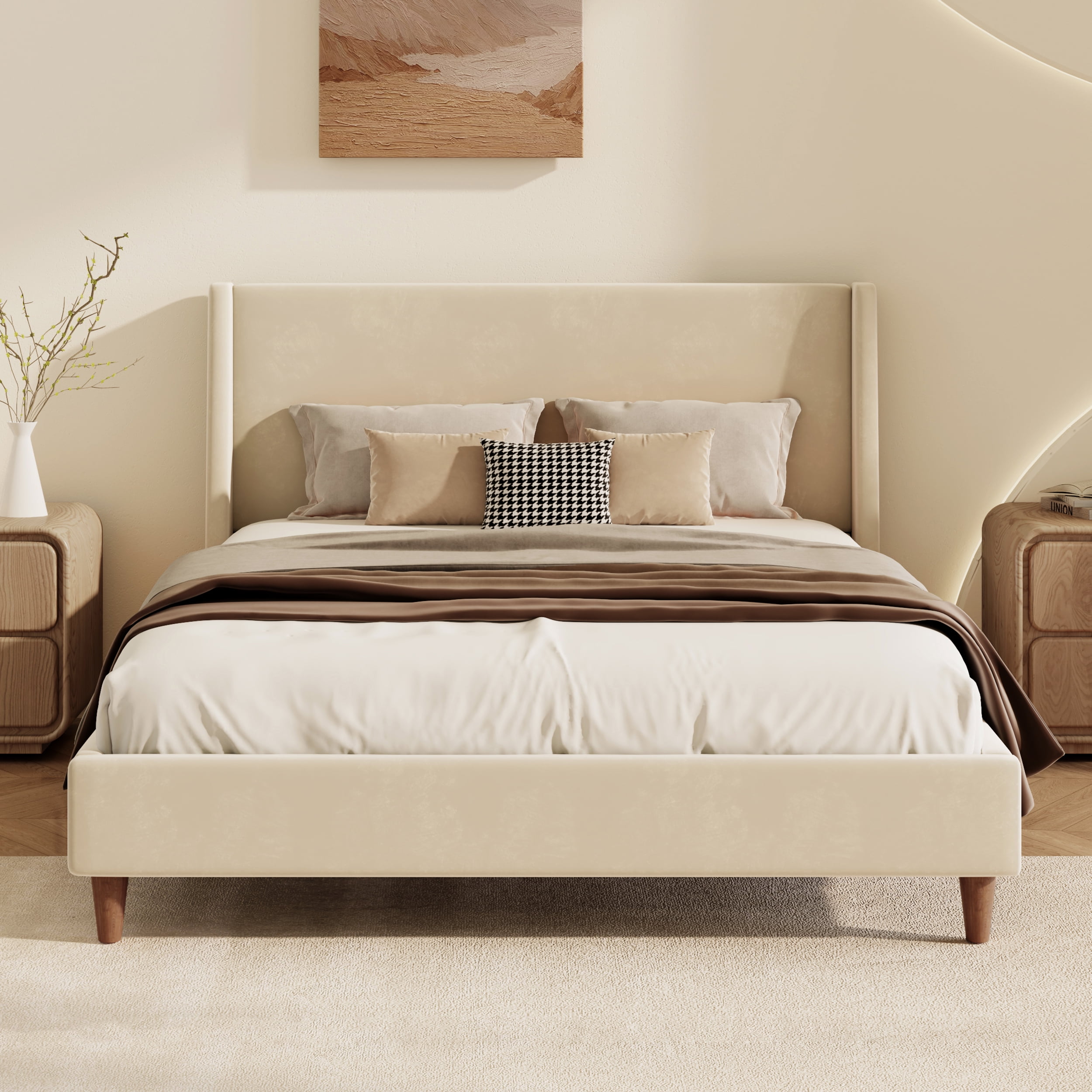 Euroco Upholstered Queen Size Platform Bed, Velvet Bed with Wingback Headboard, Beige
