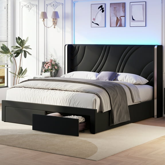 Euroco Upholstered Queen Size Platform Bed with Drawers, Velvet Bed with Wingback Headboard and RGB Light, Black