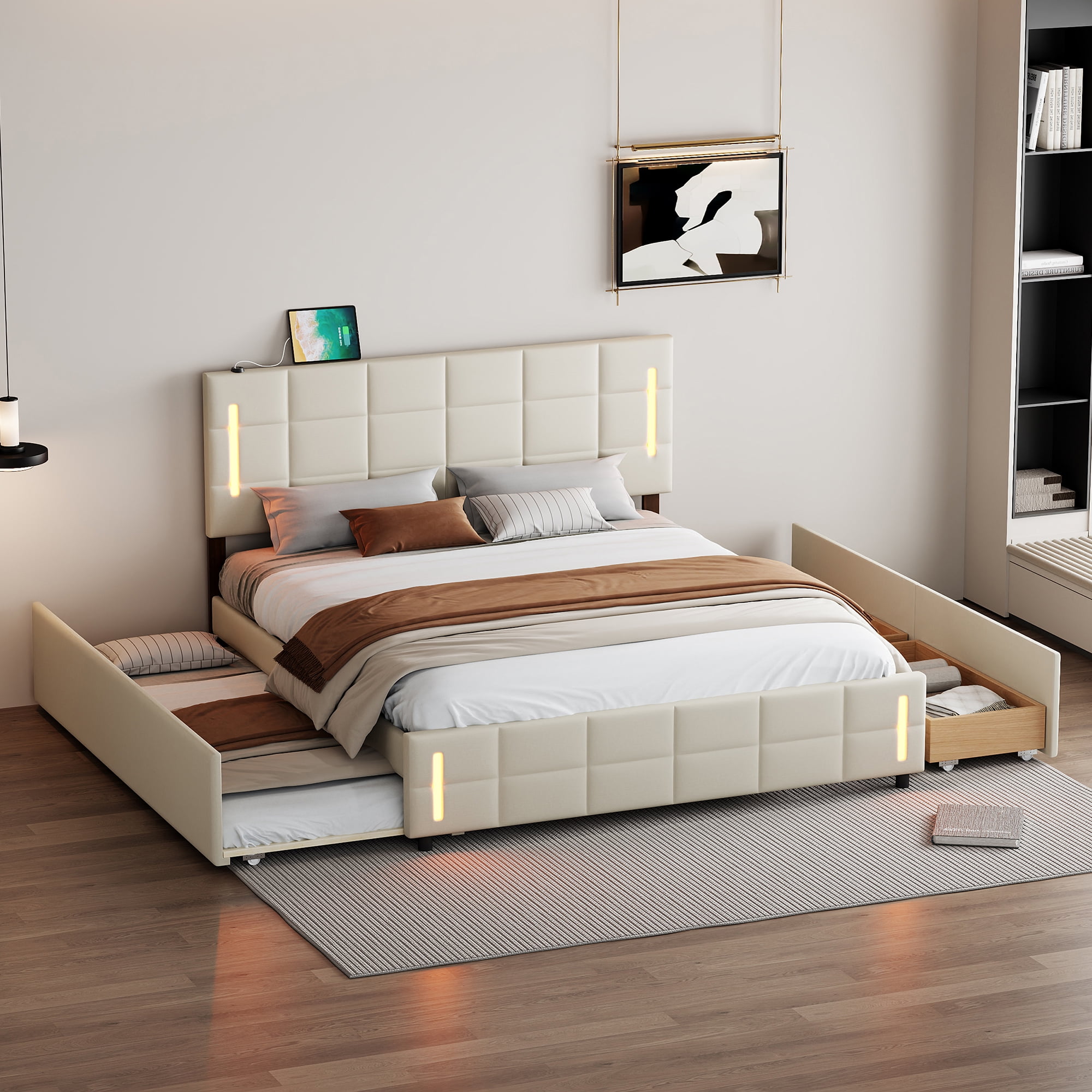 Euroco Upholstered Queen Size Platform Bed with Storage Headboard ...