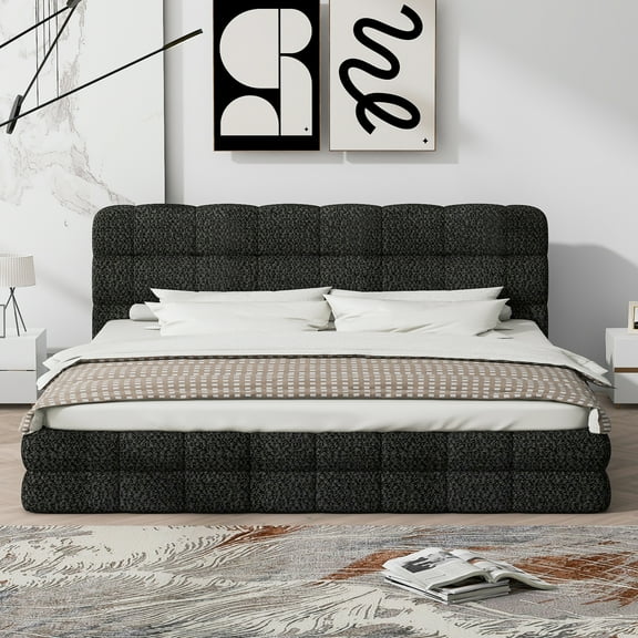 Euroco Upholstered Queen Size Platform Bed with Tuft Headboard, Black