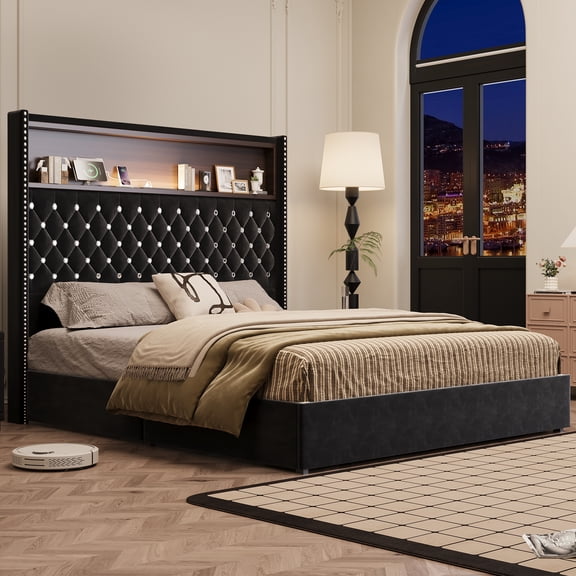 Euroco Upholstered Queen Size Tuft Platform Bed with USB Ports and Night Light, Wing Back Headboard with Storage, Black