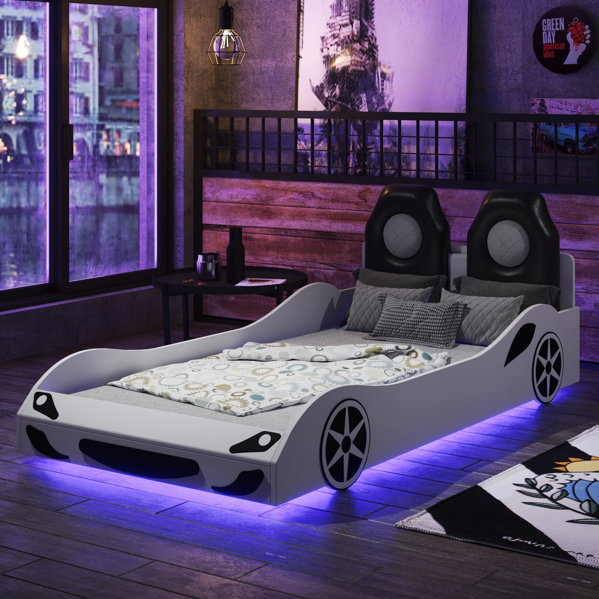 Euroco Upholstered Race Car Bed, Twin Platform Bed with LED Light and Headboard for Kids Teens