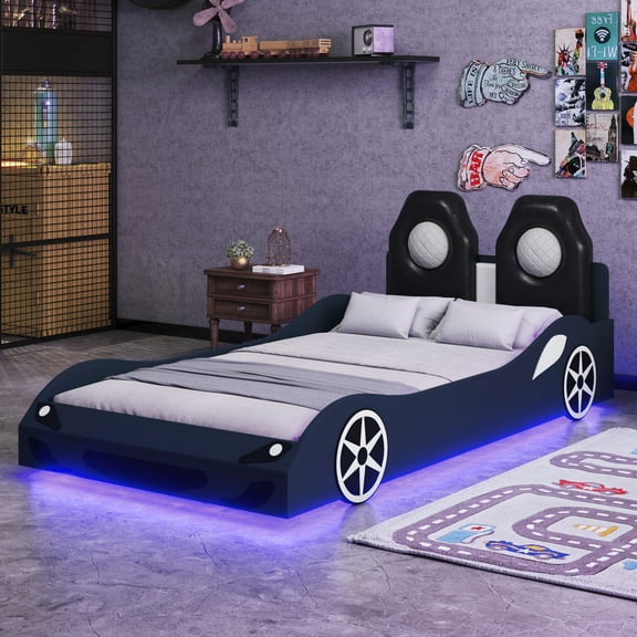 Euroco Upholstered Race Car Bed, Twin Platform Bed with LED Light and Headboard for Kids Teens