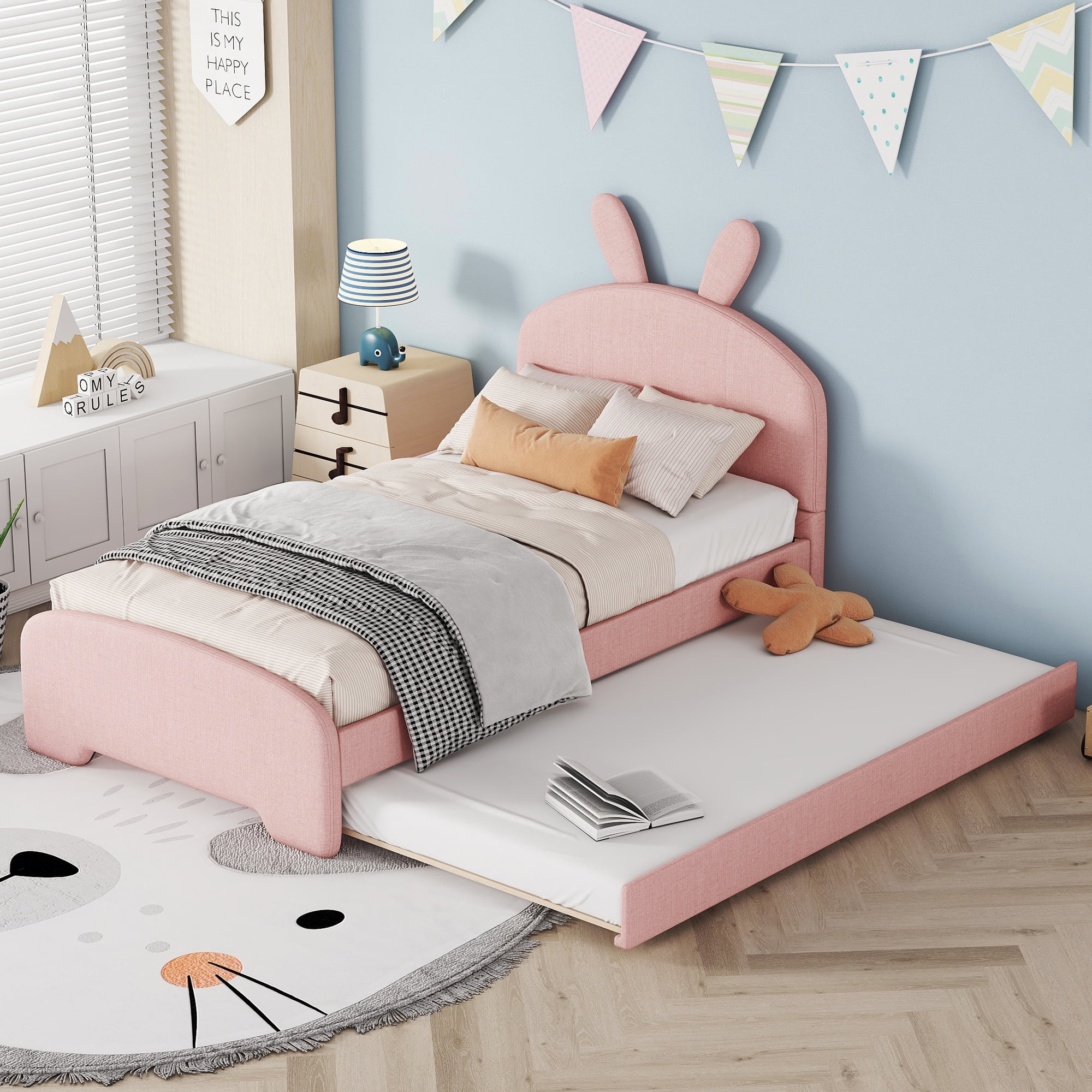 Euroco Upholstered Twin Bed, Bunny Shaped Platform Bed With Twin Size 