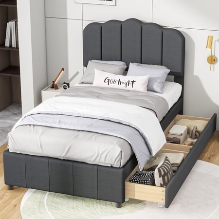 Euroco Upholstered Twin Bed, Platform Bed with 2 Drawers for Kids, Gray