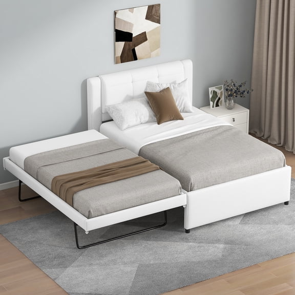 Euroco Upholstered Twin Platform Bed with Pop-up Twin Trundle for Bedroom, 2 Beds in One, Beige
