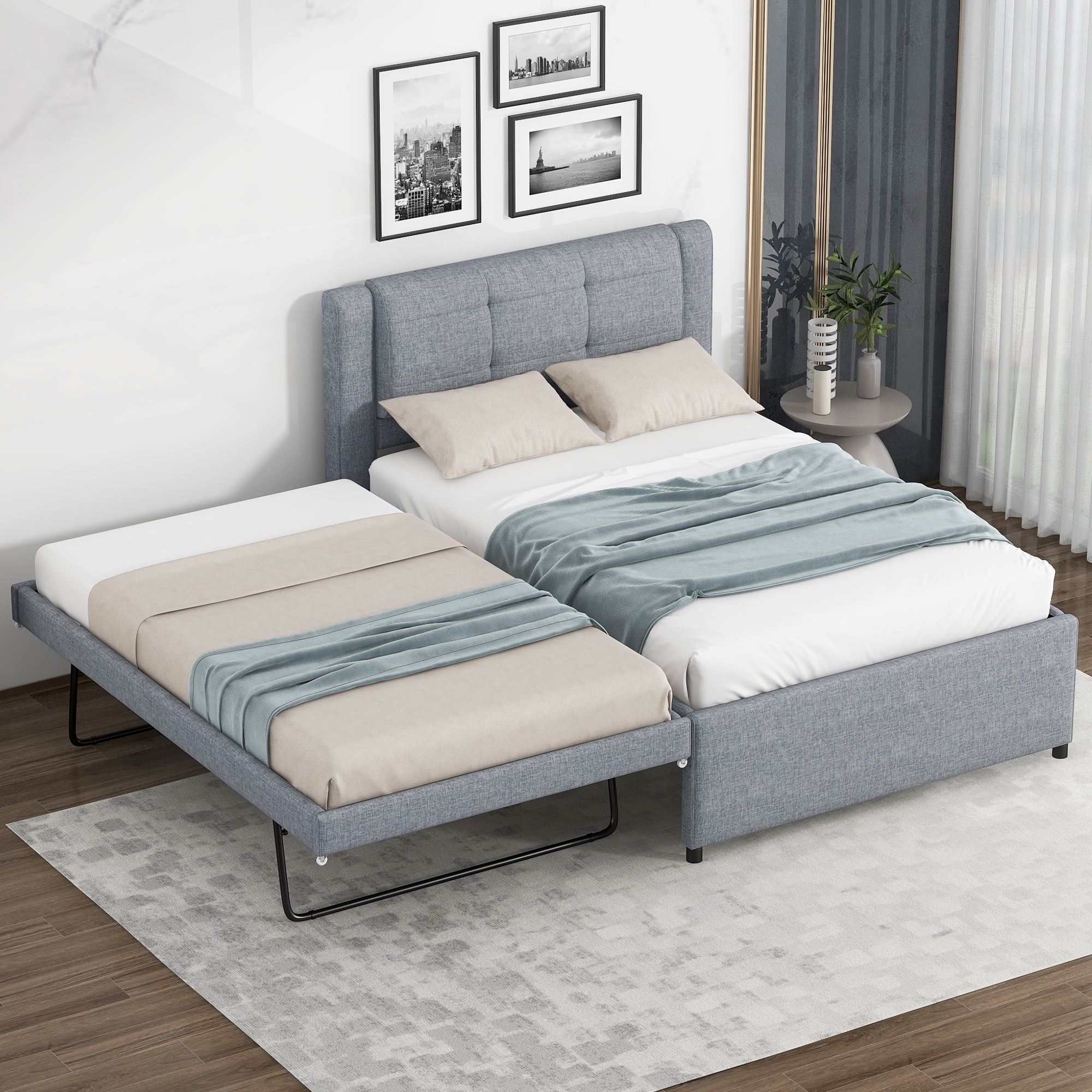 Euroco Upholstered Twin Platform Bed with Pop-up Twin Trundle for Bedroom, 2 Beds in One, Gray