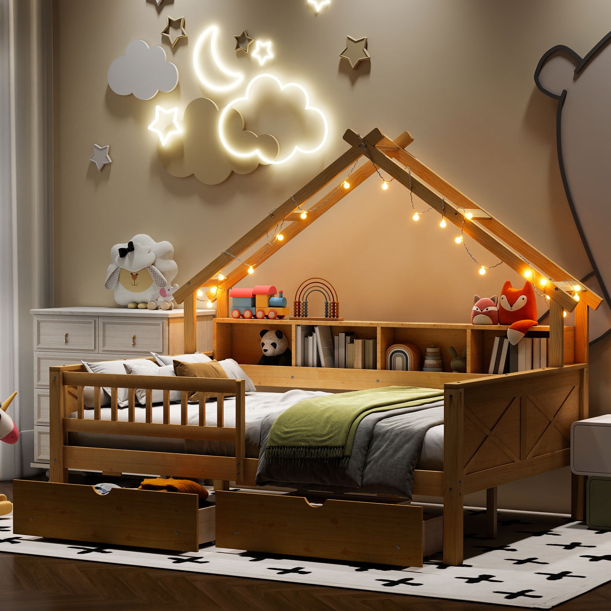 Euroco Wood Full Size Platform Bed with Drawers, House Bed with Storage and LED Light, Natural