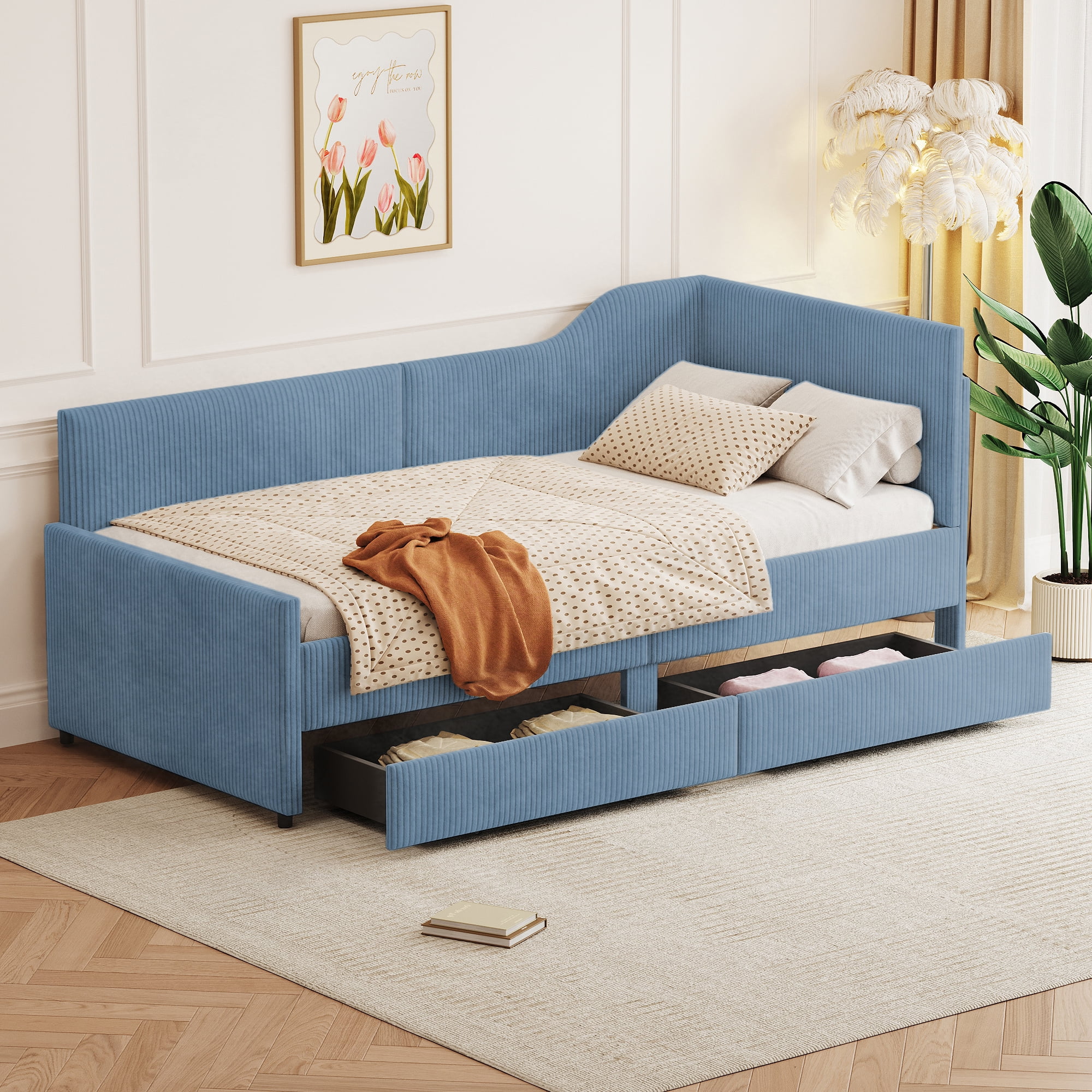 Euroco Upholstered Twin Size Daybed, Sofa Bed with 2 Drawers for Living Room, Blue
