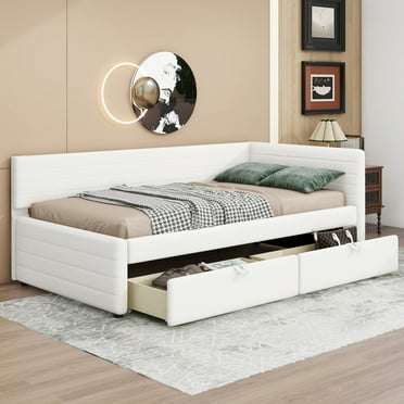 Euroco Upholstered Twin Size Daybed with 2 Drawers for Living Room, 250lb White