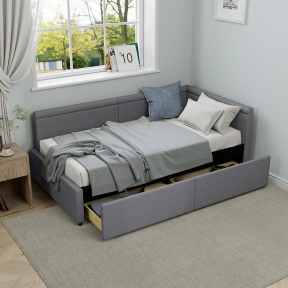 Euroco Upholstered Twin Size Daybed with Drawers, Gray