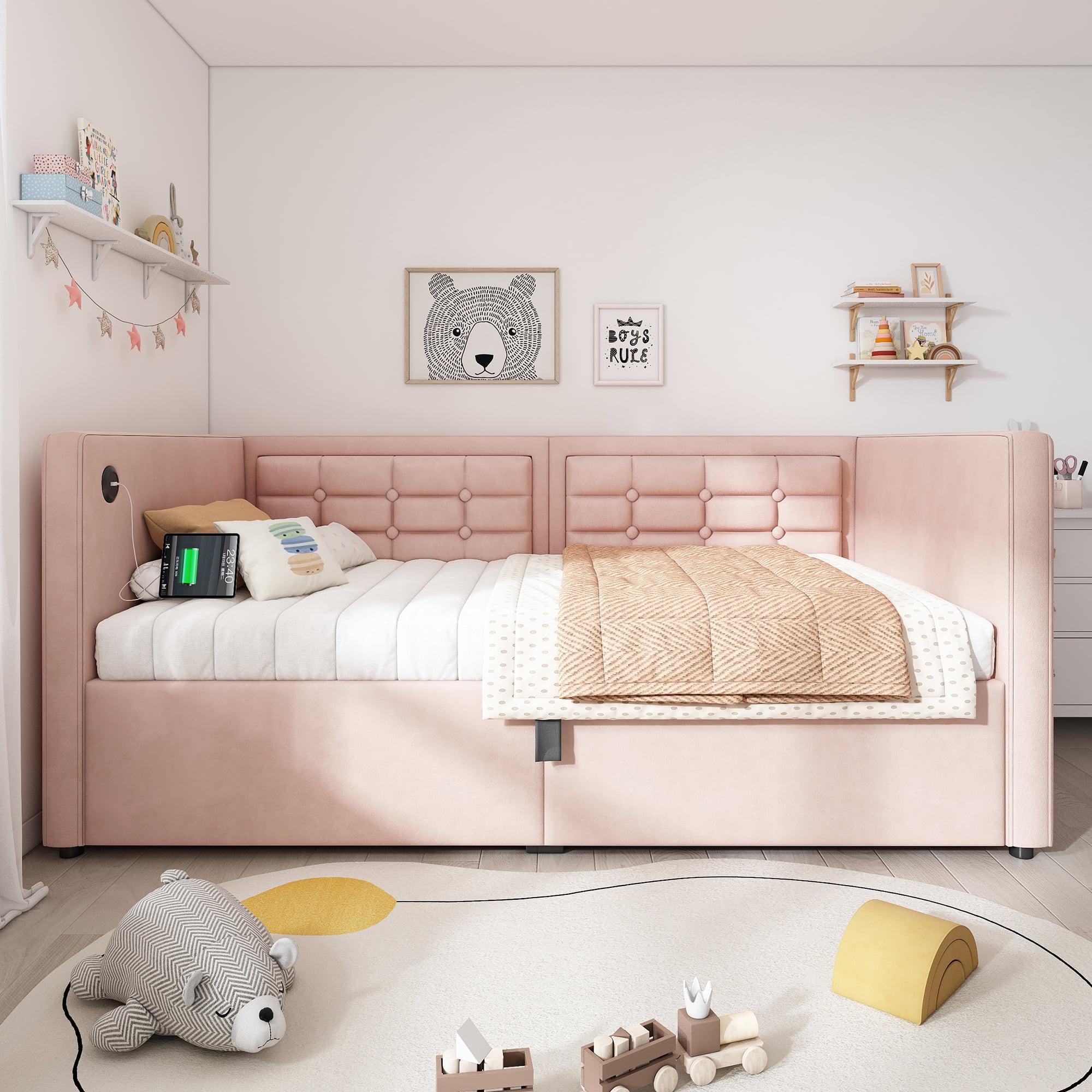 Euroco Upholstered Twin Size Daybed with Hydraulic Storage, Sofa Bed with USB Charging Station, Pink