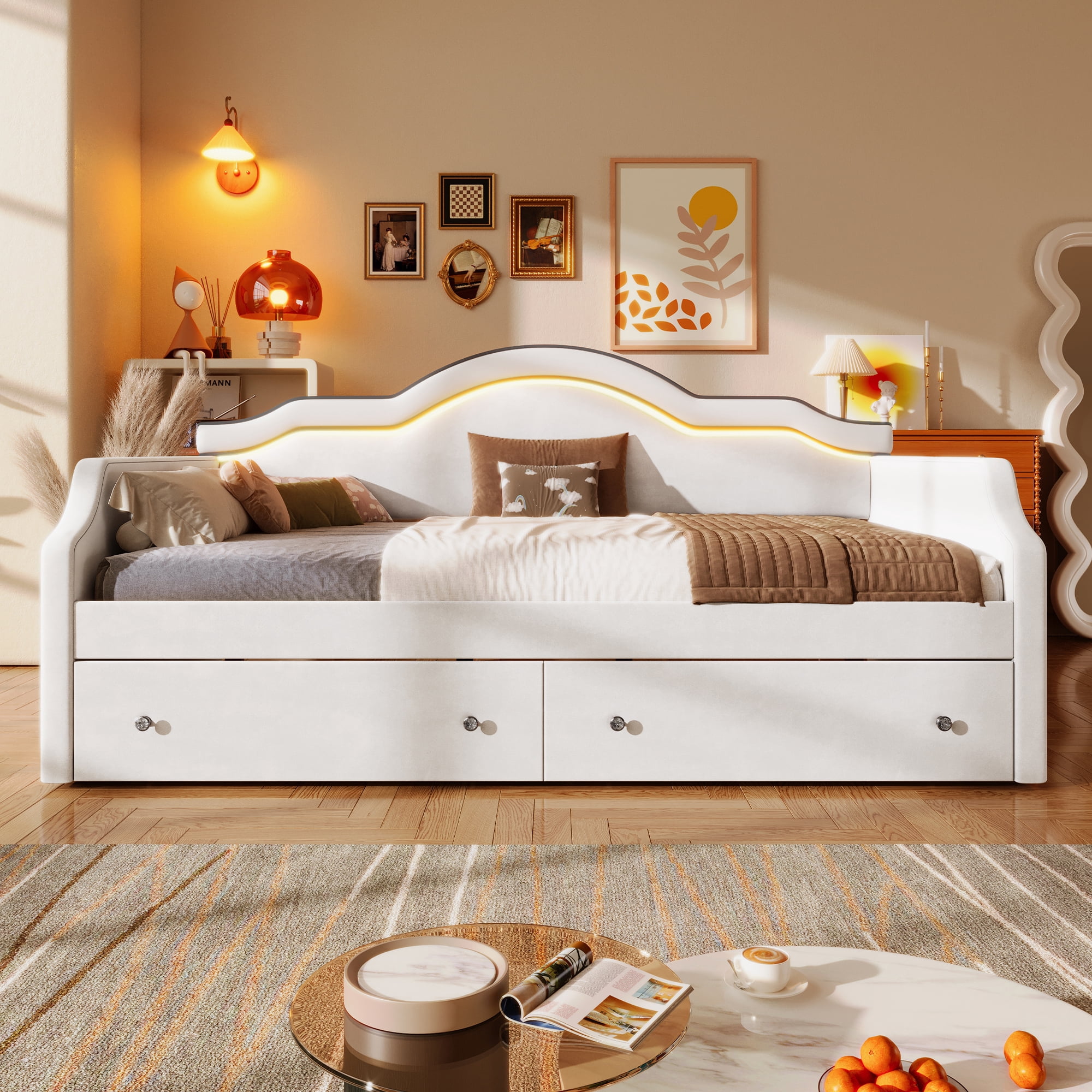 Euroco Upholstered Twin Size Daybed with LED Light and 2 Drawers, Beige