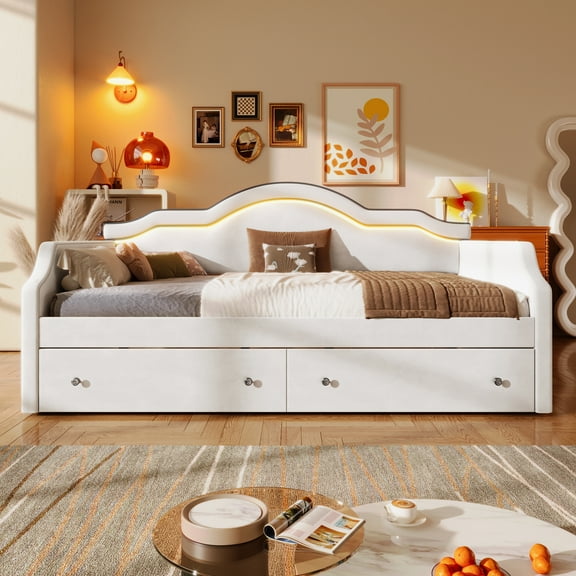 Euroco Upholstered Twin Size Daybed with LED Light and 2 Drawers, Beige