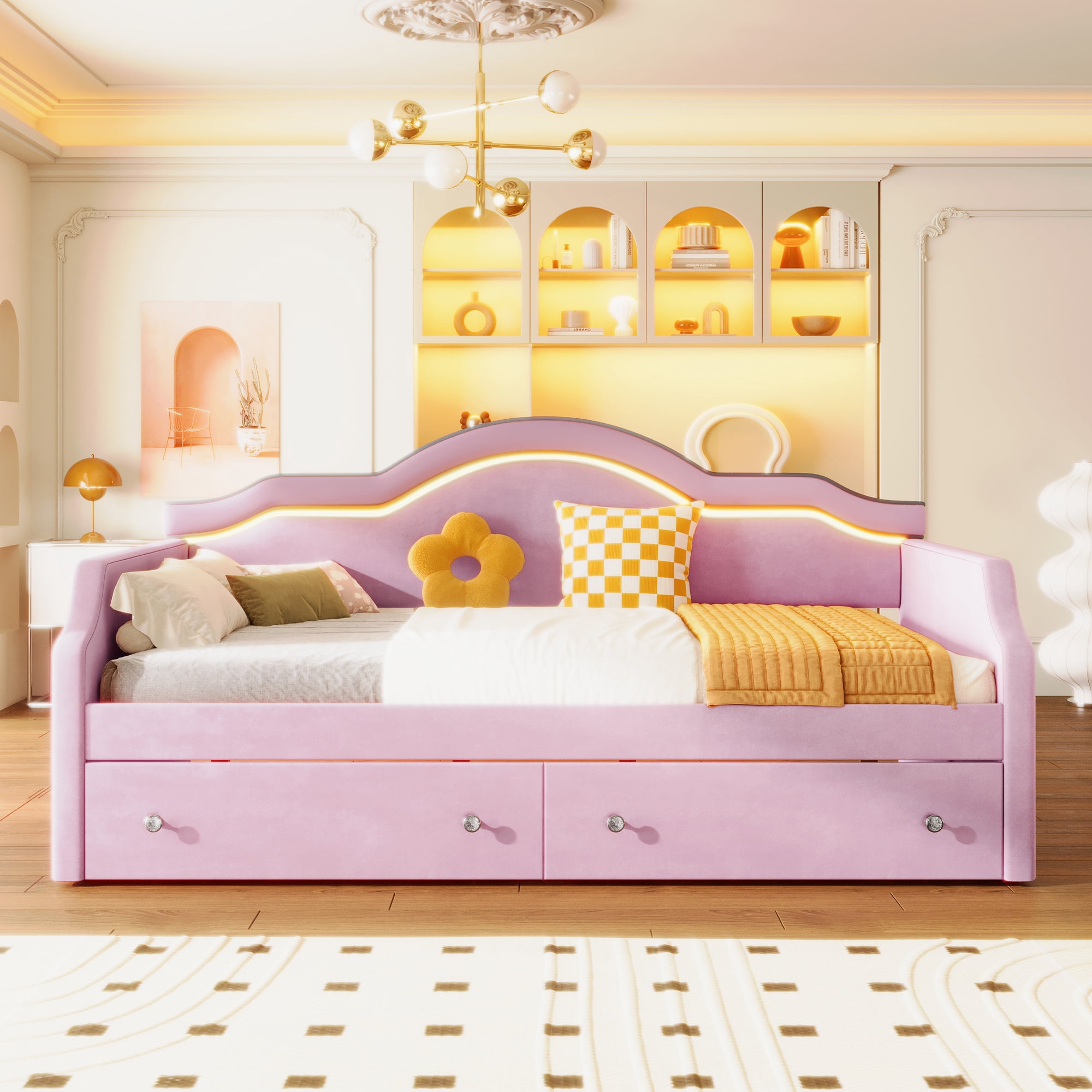 Euroco Upholstered Twin Size Daybed with LED Light and 2 Drawers, Pink