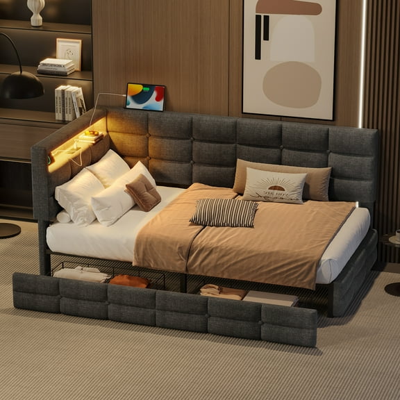 Euroco Upholstered Twin Size Daybed with Storage Headboard and Drawers, Sofa Bed with LED Light and USB Charging, Gray