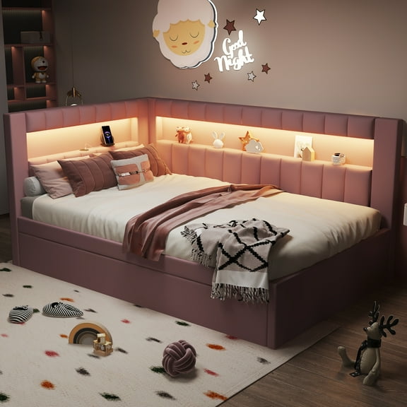 Euroco Upholstered Twin Size Daybed with Trundle, USB Charging Station and LED Light, Pink