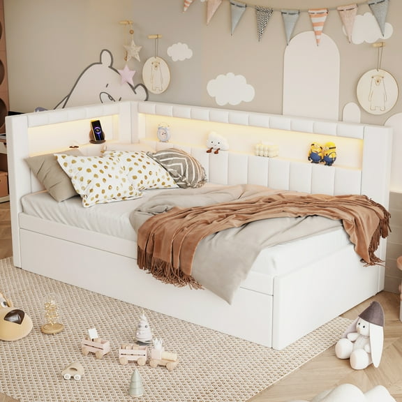 Euroco Upholstered Twin Size Daybed with Trundle, USB Charging Station and LED Light, White