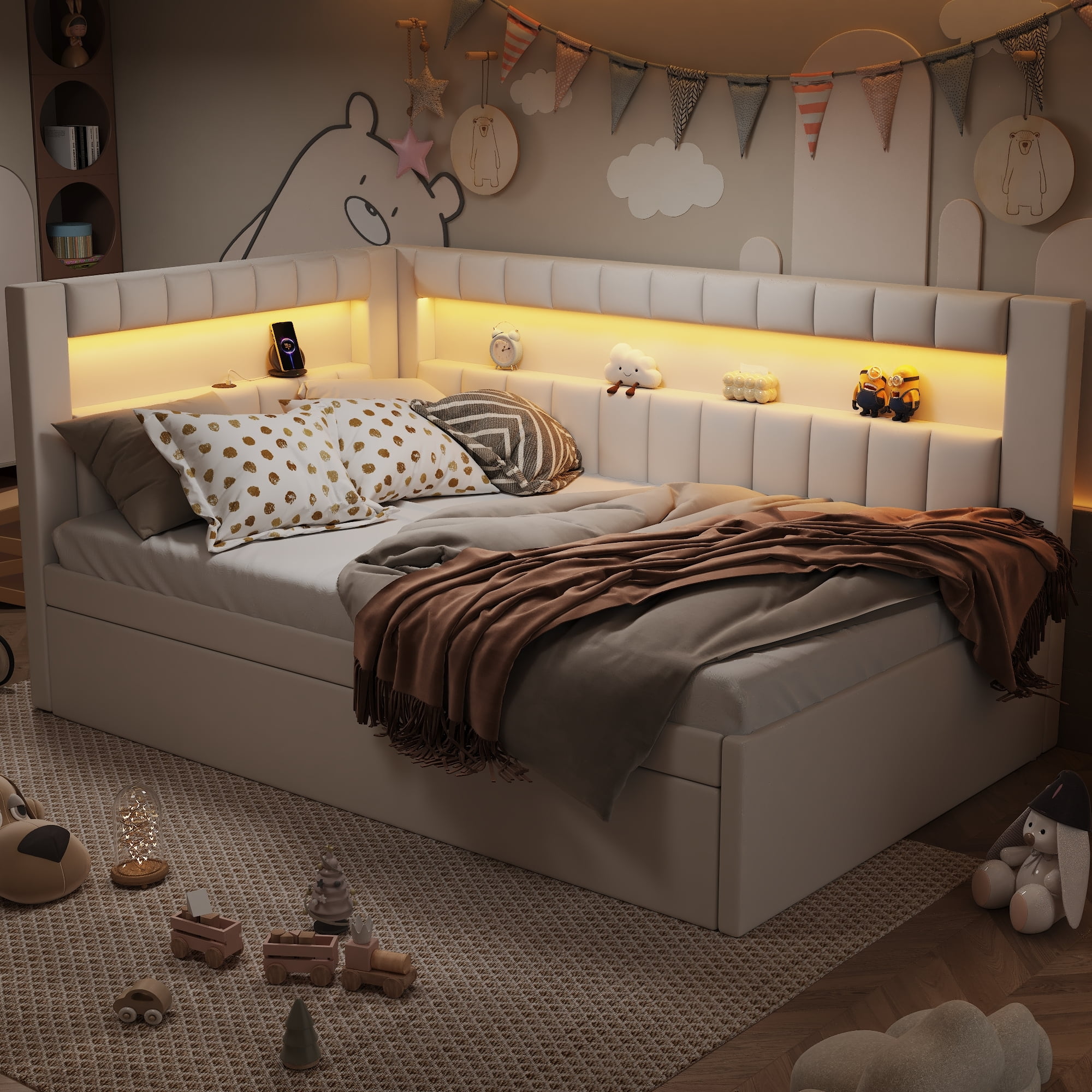Euroco Upholstered Twin Size Daybed with Trundle, USB Charging Station and LED Light, White