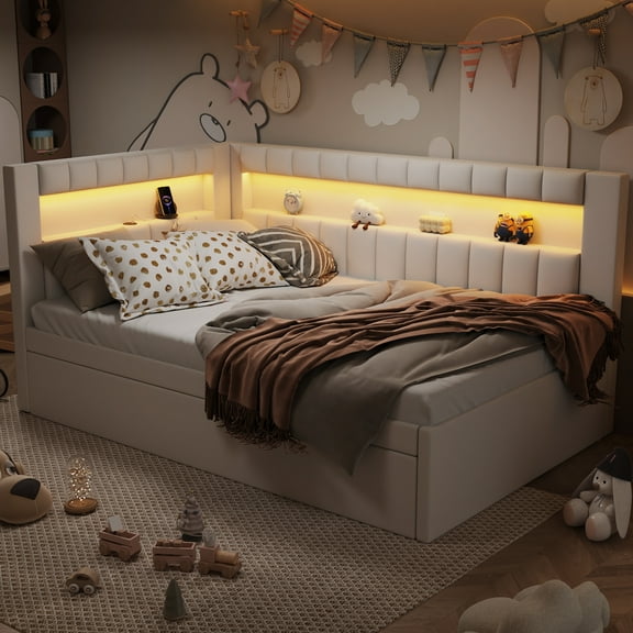 Euroco Upholstered Twin Size Daybed with Trundle, USB Charging Station and LED Light, White