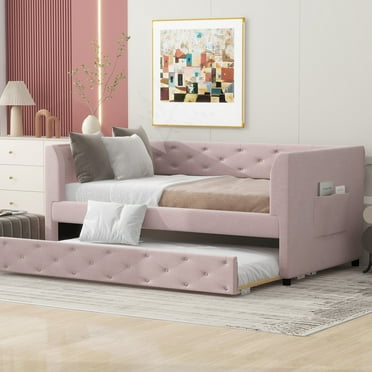Euroco Upholstered Twin Size Daybed with Trundle and Pocket, 300lbs, Pink