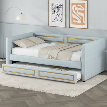 Euroco Upholstered Twin Size Daybed, Sofa Bed with Trundle for Living Room, Blue