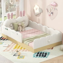 Euroco Upholstered Twin Size Platform Bed, Cartoon Floor Bed with Pillows and Storage Bags, Beige