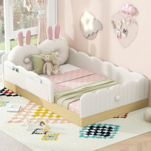 Euroco Upholstered Twin Size Platform Bed, Cartoon Floor Bed with Pillows and Storage Bags, Beige