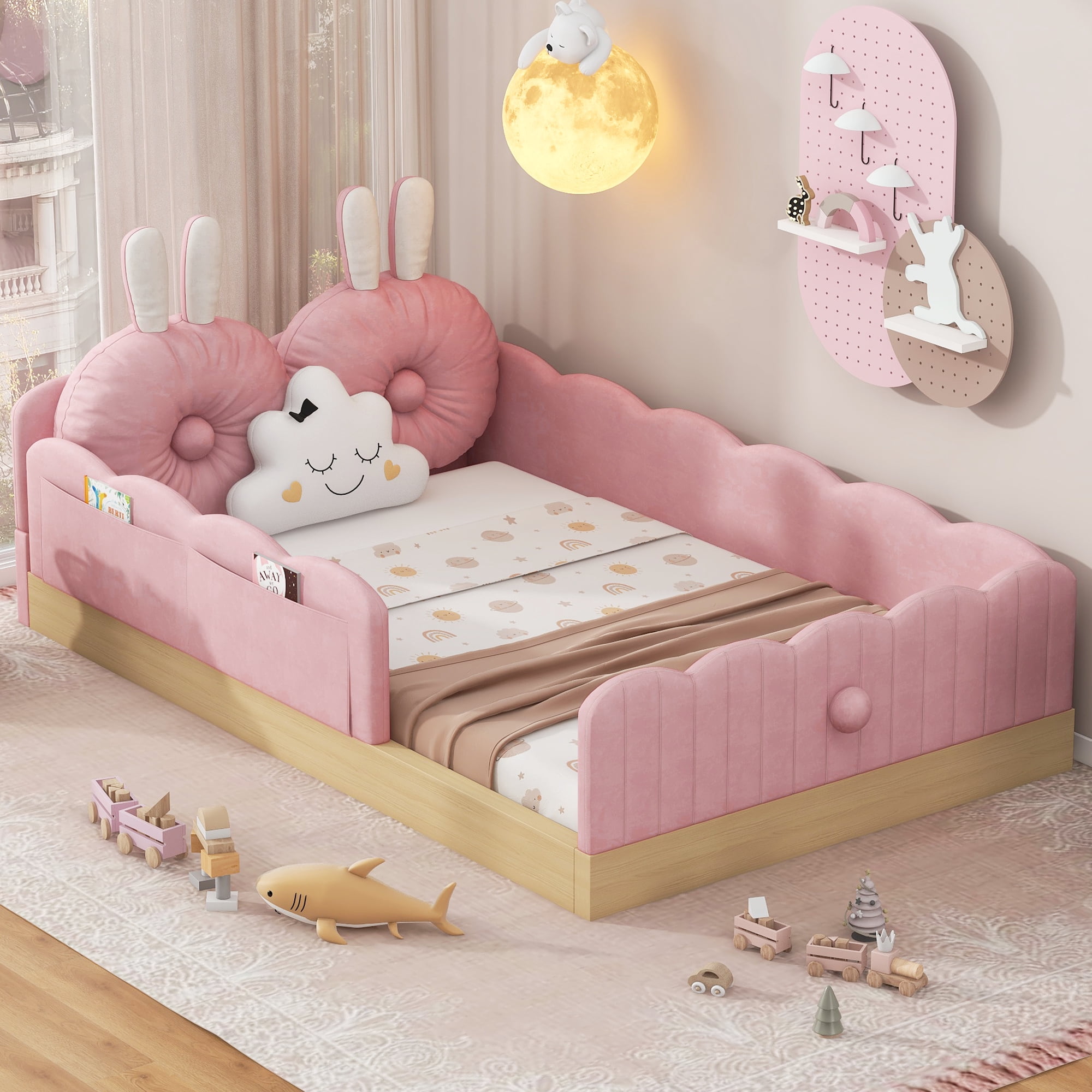 Euroco Upholstered Twin Size Platform Bed, Cartoon Floor Bed with Pillows and Storage Bags, Pink