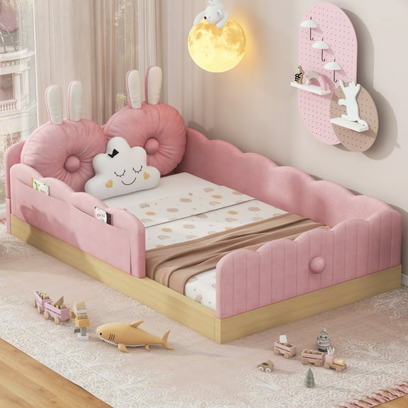 Euroco Upholstered Twin Size Platform Bed, Cartoon Floor Bed with Pillows and Storage Bags, Pink