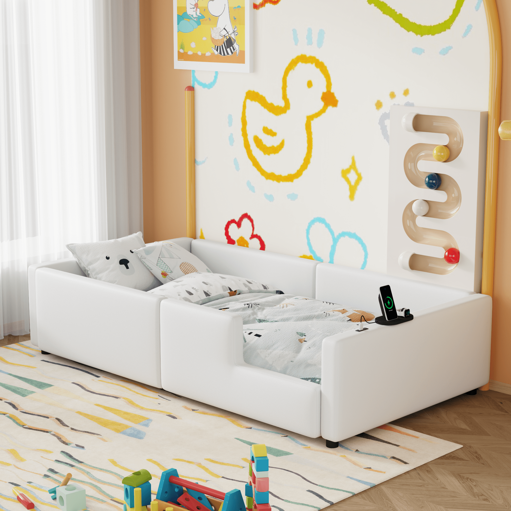 Euroco Upholstered Twin Size Platform Bed,Floor DayBed with USB Charging Station for Kids and Toddler