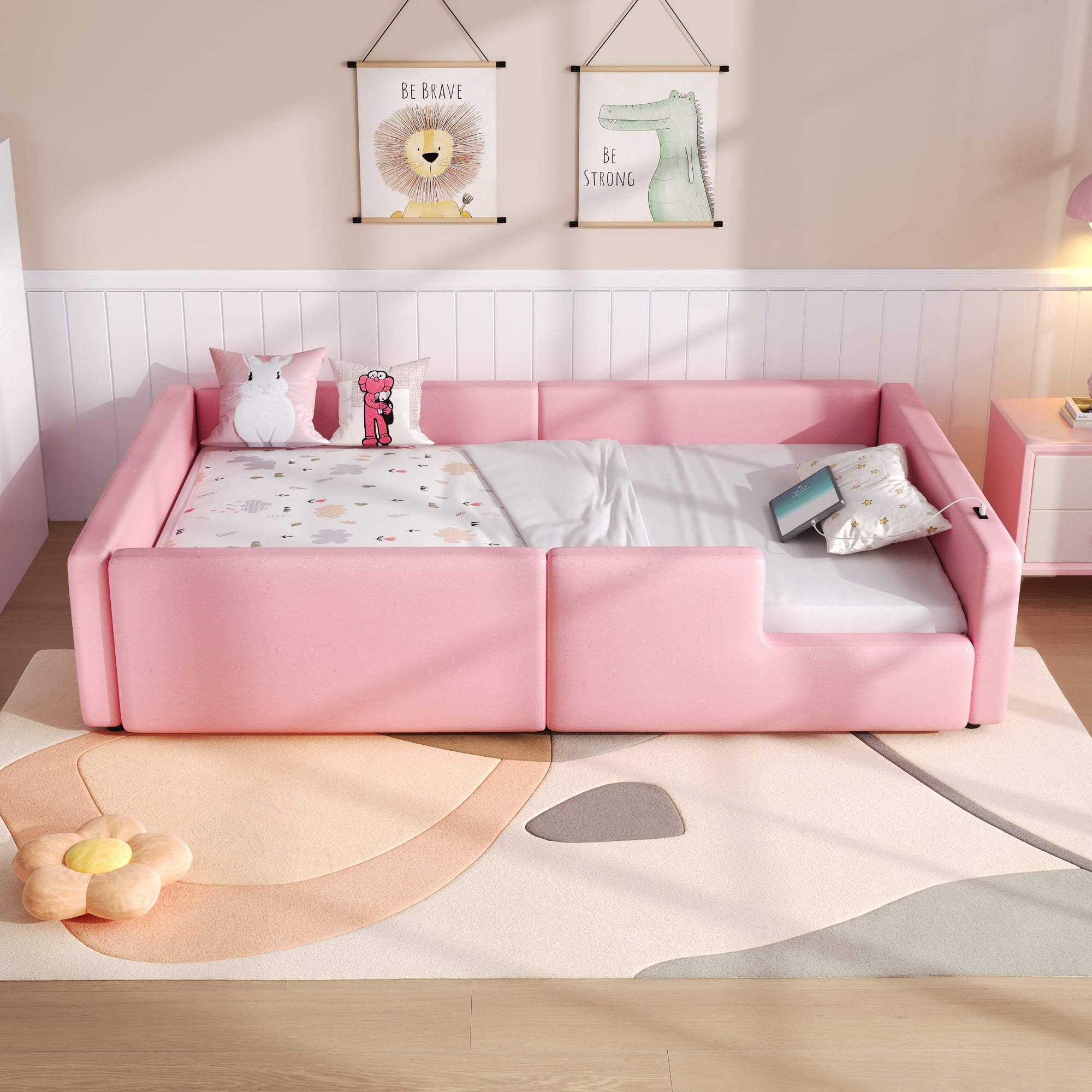 Euroco Upholstered Twin Size Platform Bed,Floor Daybed with USB Charging Station for Kids and Toddler