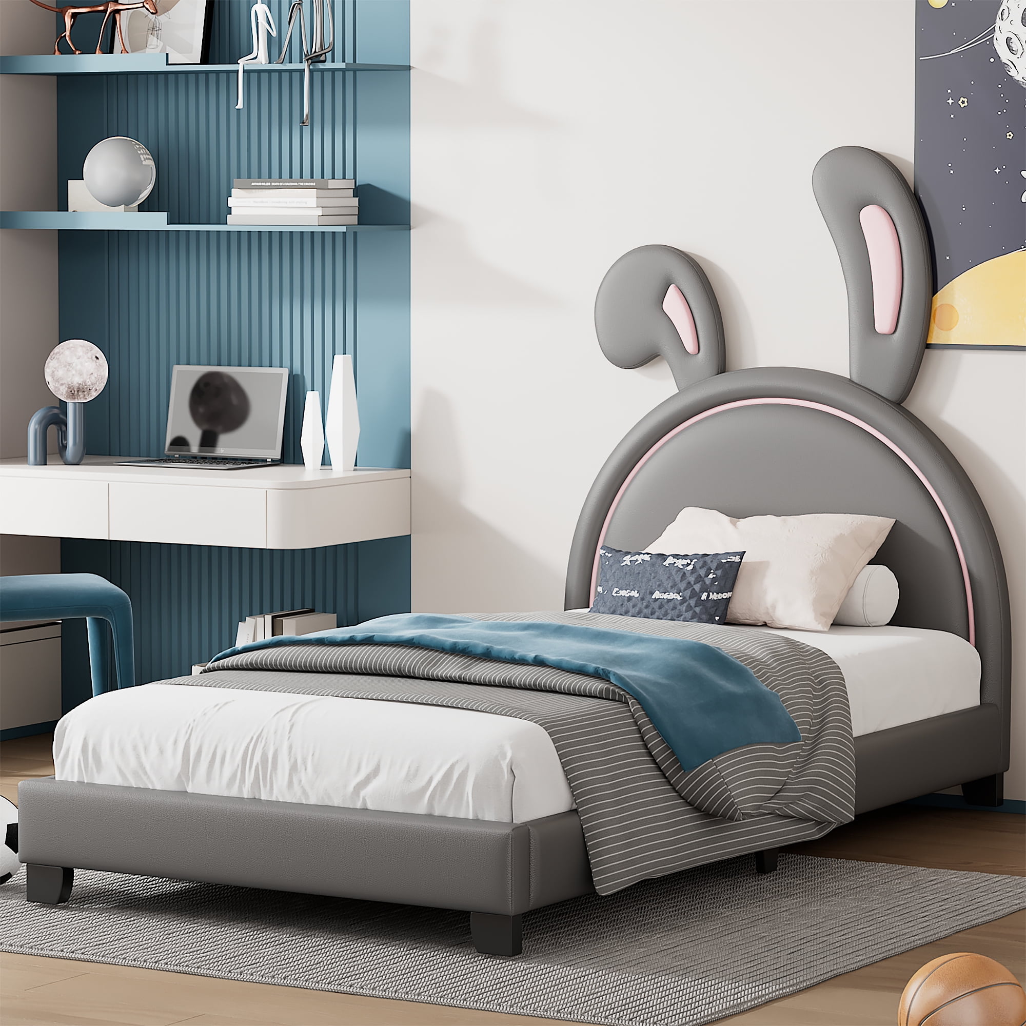 Euroco Upholstered Twin Size Platform Bed, PU Cartoon Bunny Bed for Kids, Gray