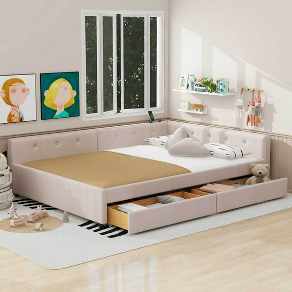 Euroco Upholstered Full Size Platform Bed with 2 Storage Drawers for Kids Teens, Beige