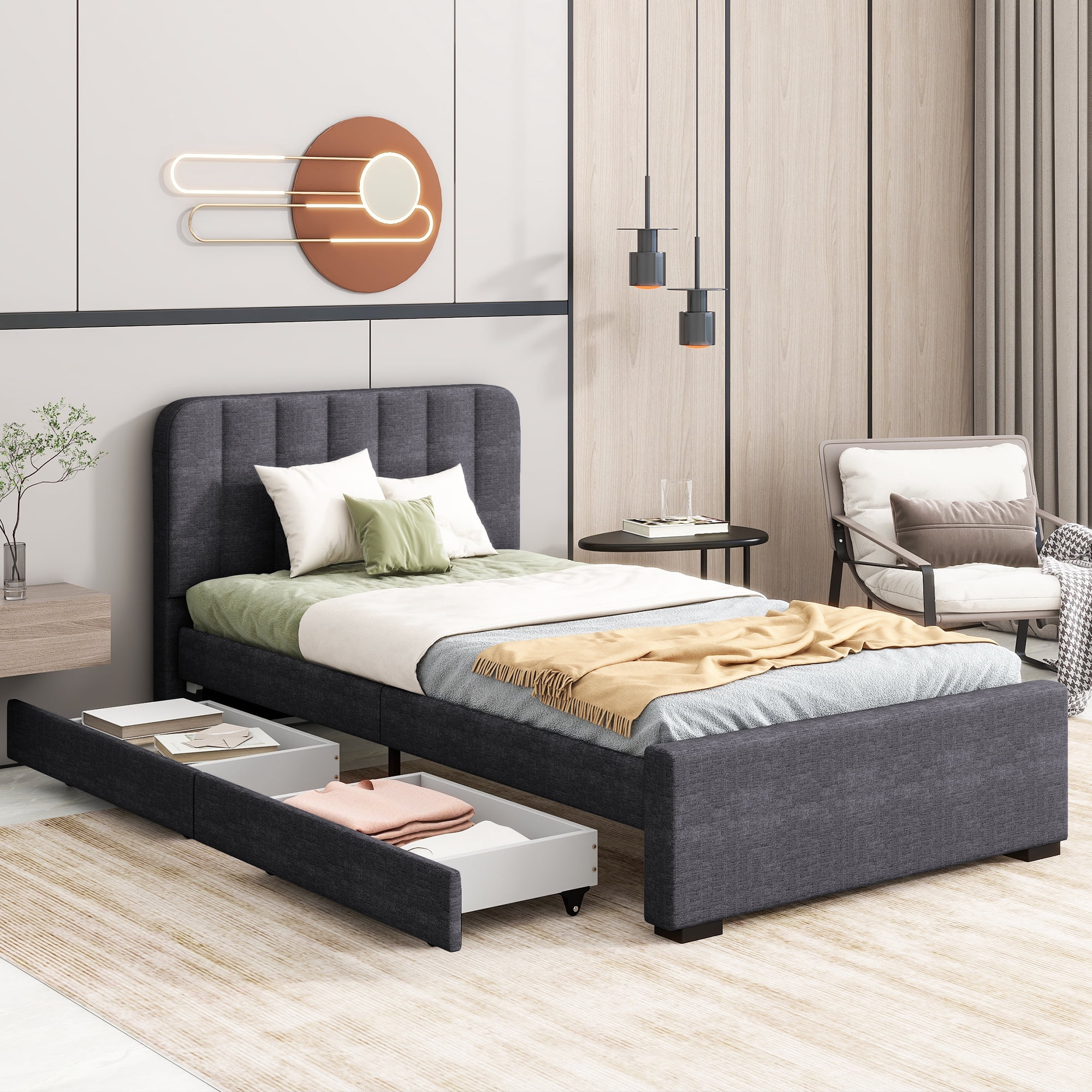 Euroco Upholstered Twin Size Platform Bed with 2 Storage Drawers for ...