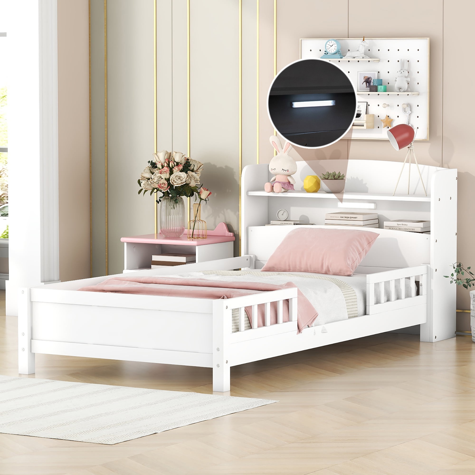 Euroco Wood Twin Size Platform Bed with Storage Headboard and LED Light, White