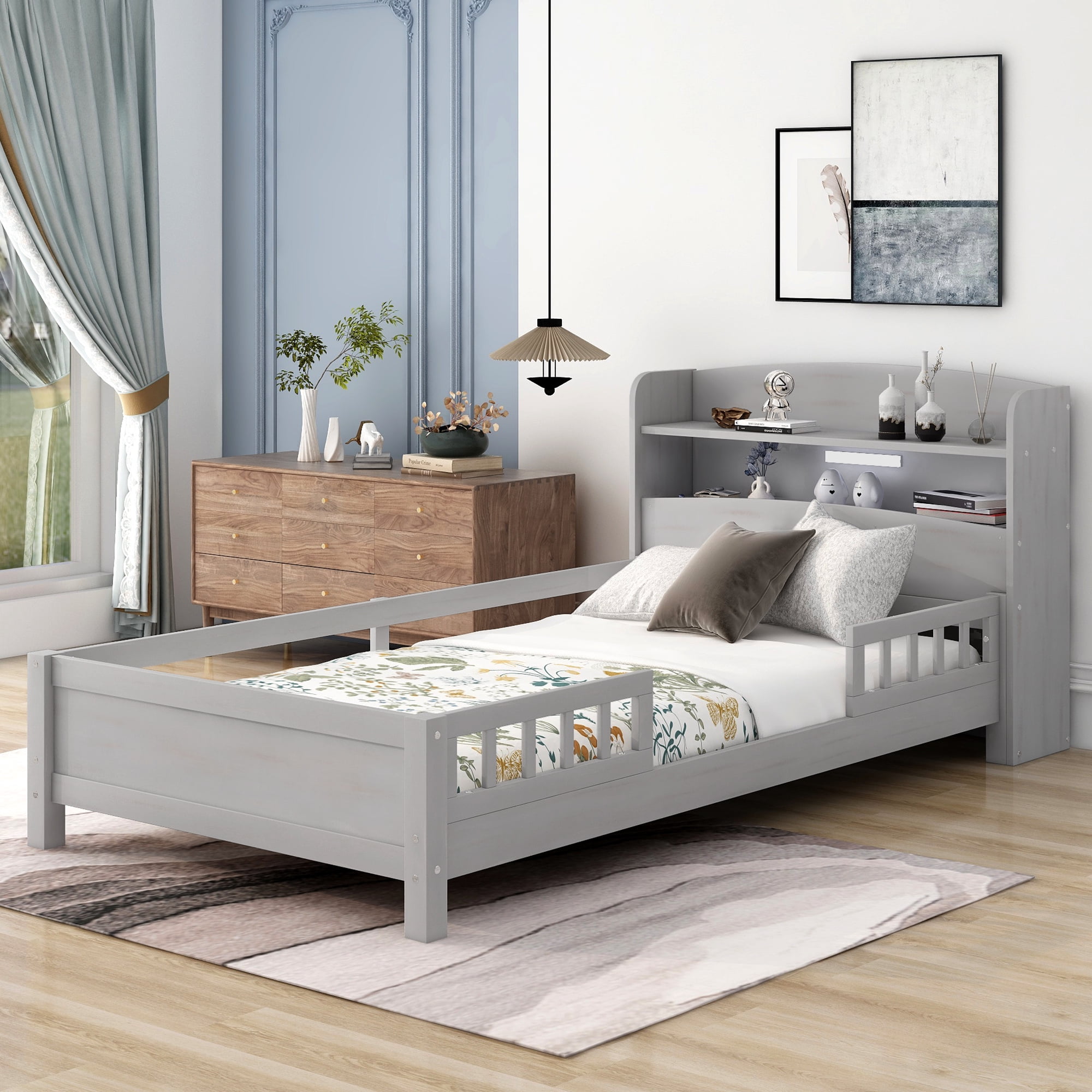 Euroco Wood Twin Size Platform Bed with Storage Headboard and LED Light, Antique Gray