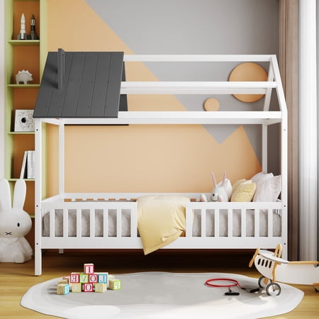 Euroco Twin Size House Platform Bed with Roof and Guardrails Design, White&Gray