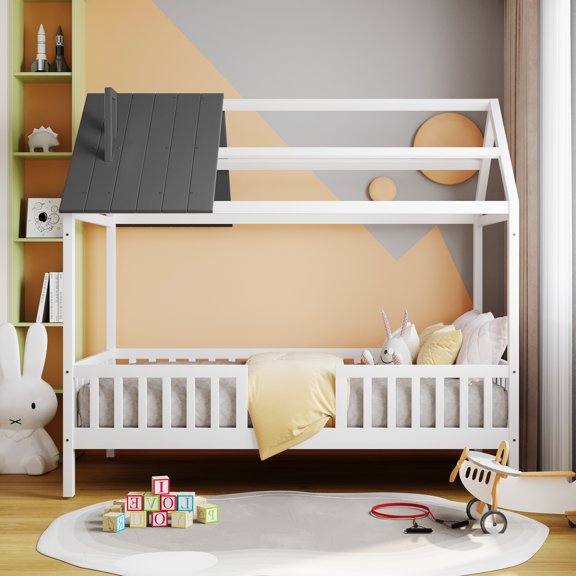 Euroco Twin Size House Platform Bed with Roof and Guardrails Design, White&Gray