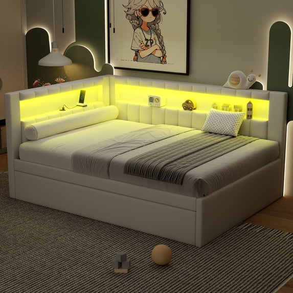 Euroco Upholstered Full Size Platform Bed with Storage Headboard, Trundle Bed, LED Light and USB Charging for Kids and Adults, White