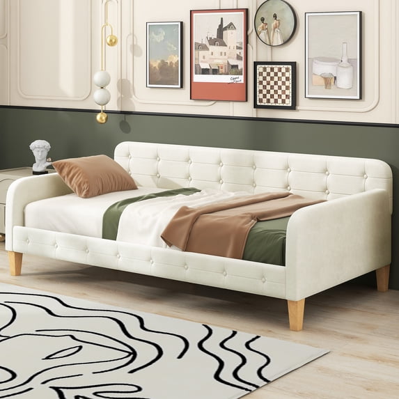 Euroco Upholstered Twin Size Sofa Bed, Tufted Daybed with Armrest for Living Room, Beige