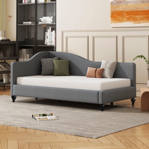 Euroco Upholstered Twin Size Sofa Bed with Wood Legs, Gray