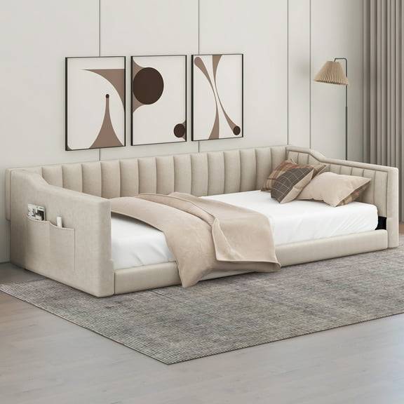 Euroco Upholstered Twin XL Daybed, Sofa Bed with Storage Pocket, Beige
