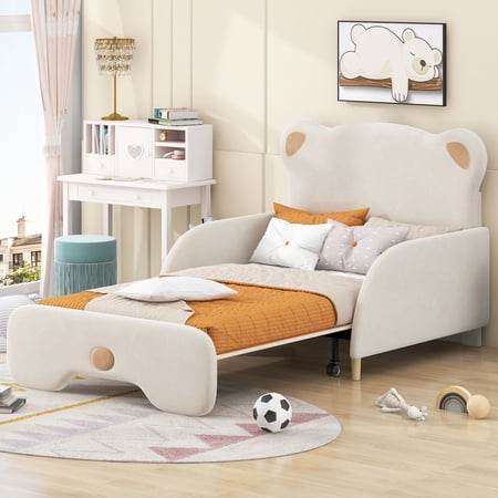 Euroco Upholstered Twin XL Platform Bed, Cartoon Bear Shaped Stretchable Sofa Bed for Kids and Toddler, Adjustable Armchair