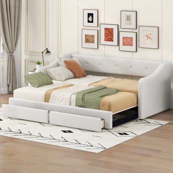 Euroco Upholstered Twin XL to King Size Daybed, Sofa Bed with Trundle and 2 Drawers, Beige