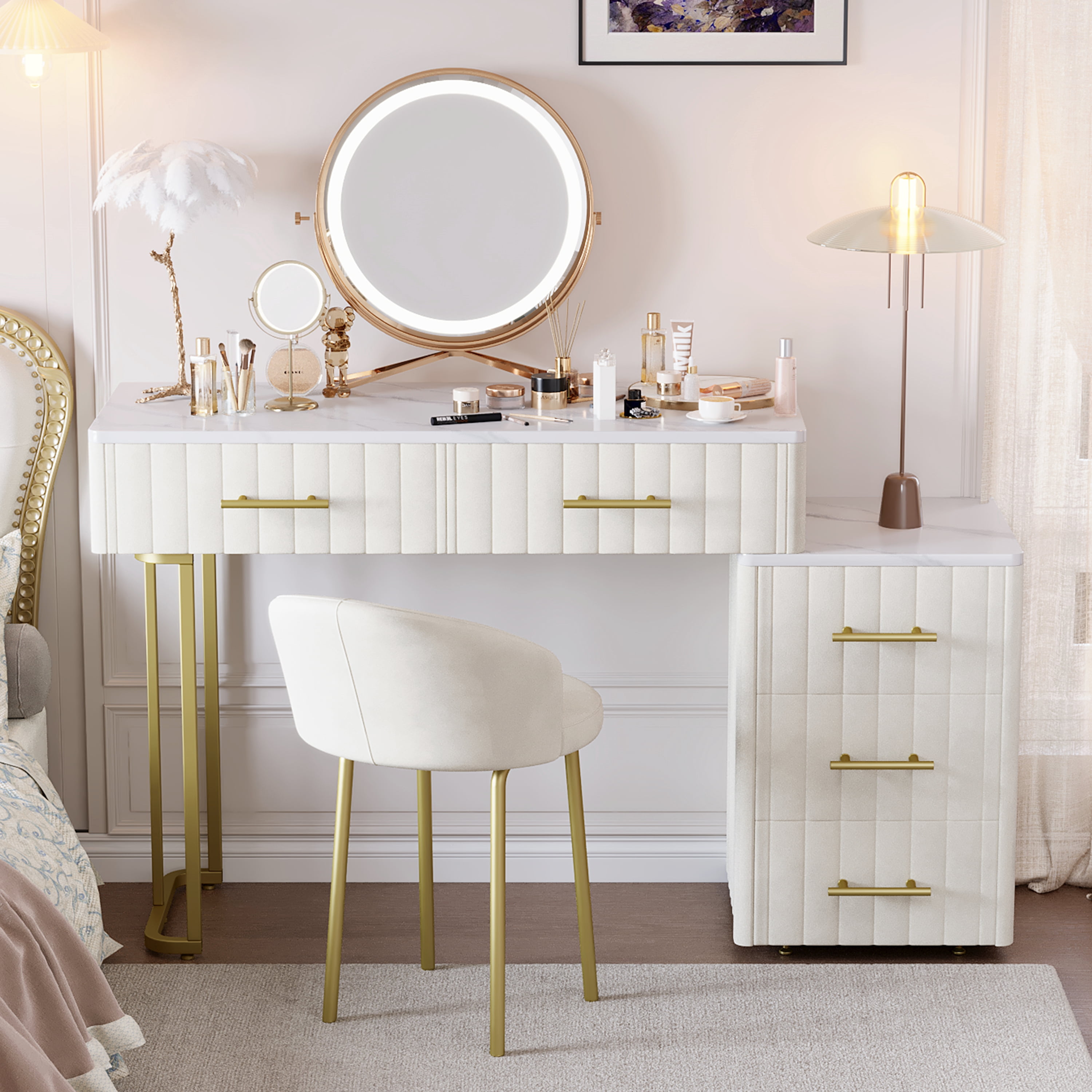 Euroco Upholstered Vanity Desk with Chair, Adjustable 5-Drawer Storage, Marble-Look Top & Gold Legs – 55” Makeup Table with Velvet Finish for Bedroom or Dressing Room