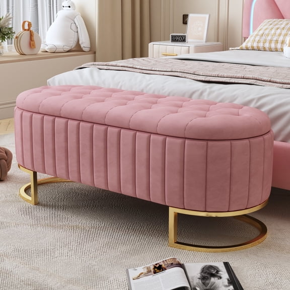 Euroco Upholstered Velvet Storage Ottoman Bench,End of Bed Bench with Metal Legs,Storage Chest for Bedroom,Living Room,Entryway,Pink