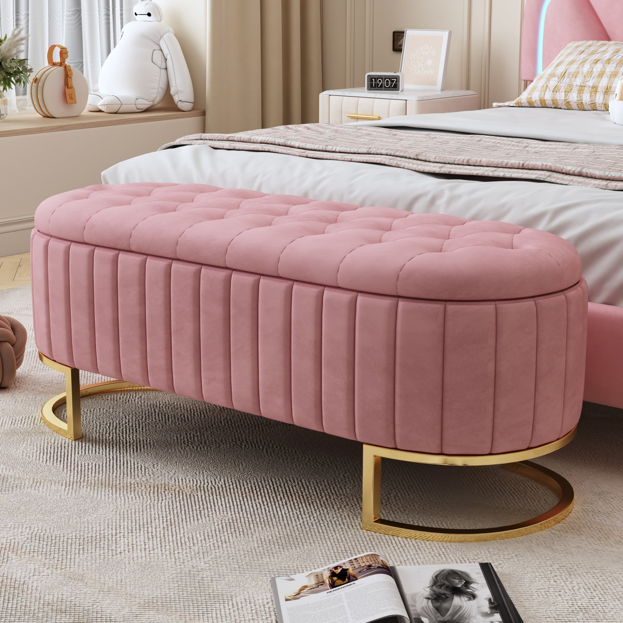 Euroco Upholstered Velvet Storage Ottoman Bench,End of Bed Bench with Metal Legs,Storage Chest for Bedroom,Living Room,Entryway,Pink