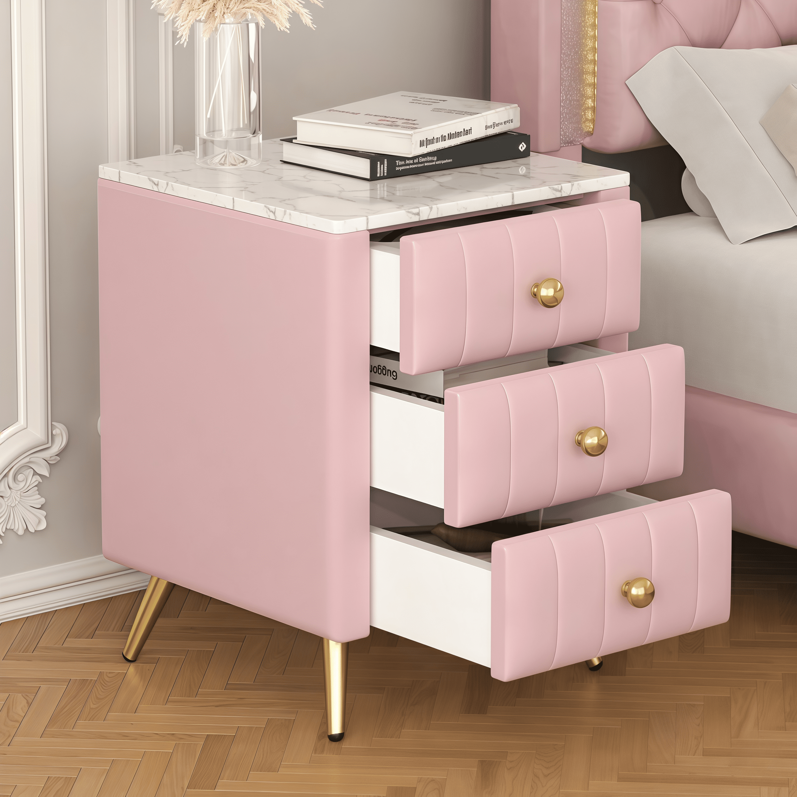 Euroco Upholstered Wooden Nightstand with 3 Drawers and Metal Legs&Handles,Modern Bedside Table with Marbling Stickers Worktop for Bedroom,Pink